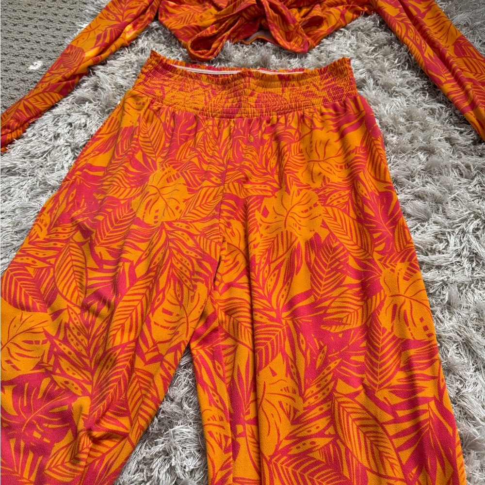 Bar III Orange and Pink Leaf Print Wide Leg Pants & Top Set